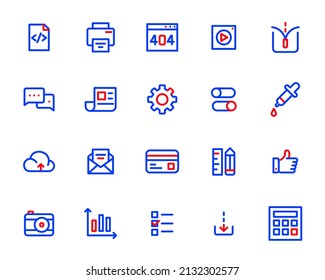 Simple Line Art Two Color Ui Icons Set. HTML, Print, Video File, Unzip, Chat And Others. Pixel Perfect, Editable Stroke Icons