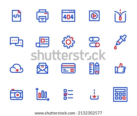 Simple line art two color ui icons set. HTML, print, video file, unzip, chat and others. Pixel perfect, editable stroke icons