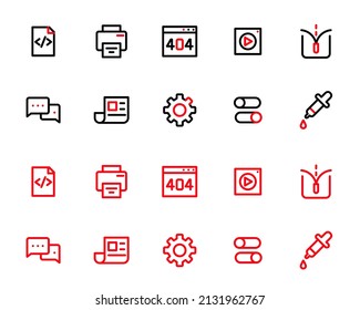 Imagen de línea simple en dos colores ui iconos set. HTML, impresión, archivo de vídeo, descomprimir, chat y otros. Iconos de trazo de píxeles perfectos y editables