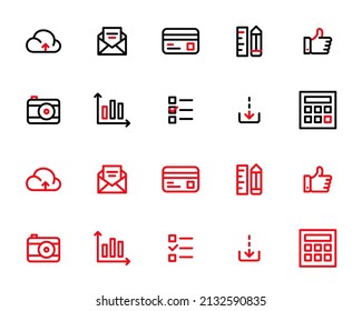 Simple line art in two colors ui icons set. Cloud, credit card, camera, like, ruler and others. Pixel perfect, editable stroke icons