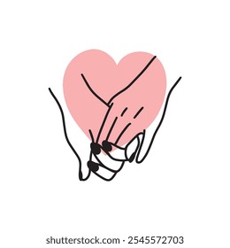 Simple line art of two hands holding with a pink heart, symbolizing love, partnership, and intimacy on a white background.
