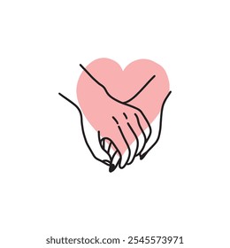 Arte de línea simple de dos manos que sostienen con forma de corazón rosa detrás, que simboliza el amor y la conexión.