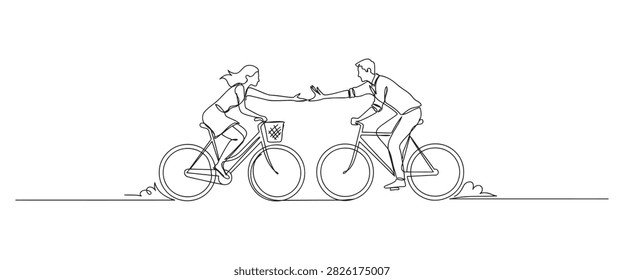 Simple line art of two people riding bicycles and doing a high five with exercise