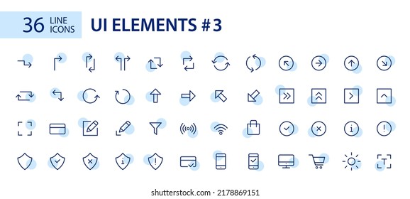 Simple line art UI elements icons set. Arrows, shopping, new file. Pixel perfect, editable stroke