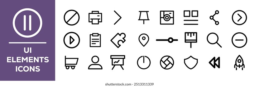 Simple line art UI elements icons set. Arrows, file type, clock, messages etc. Pixel perfect, editable stroke