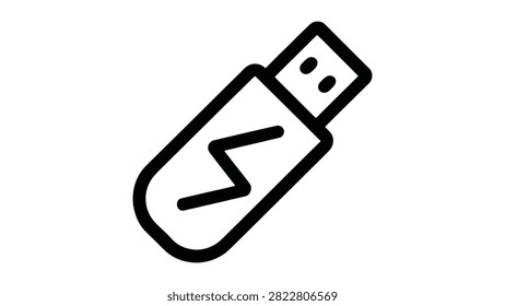A simple line art USB drive with a lightning bolt on white background
