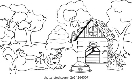 Simple line art vector coloring page: happy cartoon dog lying near a doghouse, trees, and a food bowl in an outdoor scene.