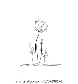 Simple line art vector flower drawing. Stylized flower with leaves with black strokes of lines. print for greeting card, design, fabric, postcard, invitation