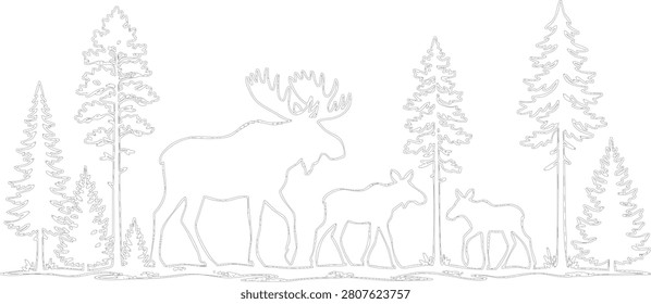 Simple line art vector graphic depicting moose family wandering through pine tree forest with mountain backdrop in wilderness landscape.