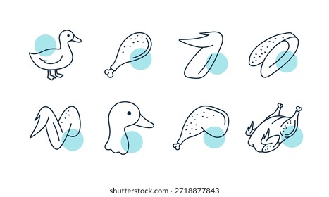 Uma simples coleção de ícones vetoriais de arte em linha de um pato inteiro, sua cabeça e vários cortes de carne, perfeito para menus, açougueiros ou gráficos de alimentos.