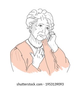 Simple line art, vector illustration of an elderly lady talking on the phone