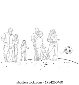 Arte de línea simple, ilustración vectorial de una gran familia jugando fútbol, concepto de recreación de tiempo de juego