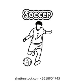 Uma ilustração vetor de arte de linha simples de um jogador de futebol de desenho animado chutando uma bola de futebol