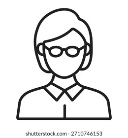 Ilustración vectorial de arte de línea simple de una mujer con cabello corto y gafas, con una camisa de cuello. Adecuado para aplicaciones corporativas, educativas o de perfil de usuario.