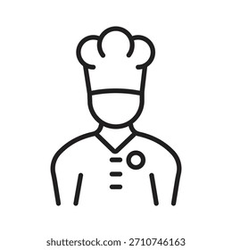 Einfache Linie Kunst Vektorgrafik eines professionellen Koch mit einem traditionellen Tuch und Uniform. Perfekt für Restaurantmenüs, Food-Blogs und Grafiken aus der kulinarischen Industrie.