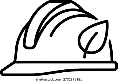 A simple line art vector illustration of a hard hat with a leaf symbol, representing green construction, eco-friendly building, and sustainable industry practices. Ideal for environmental safety concepts.

