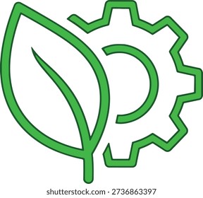 A simple line art vector illustration combining a green leaf and a gear symbol. This icon represents concepts of sustainable technology, eco-friendly industry, and environmental engineering.
