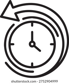 A simple line art vector illustration of a clock with a rewind arrow, representing history, past, or time reversal.