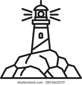 A simple line art vector illustration of a lighthouse standing on a rocky foundation, emitting light beams. Ideal for maritime themes, navigation symbols, and coastal design projects.
