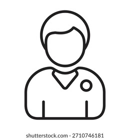 Vector de arte de línea simple de una persona que lleva una camisa con cuello en V y una insignia circular o un pin de solapa. Representa a personal autorizado, miembros o profesionales de servicio.