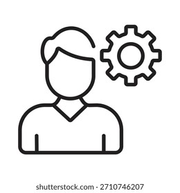 Einfache Linie Kunstvektor einer Person Symbol gepaart mit einem Zahnradsymbol. Stellt Benutzereinstellungen, technischen Support, Systemverwaltung, Verwaltung oder Wartung dar.