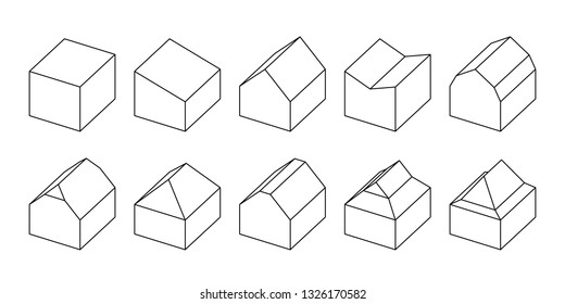 Simple line art vector set of different house roof shapes. 
