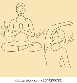 Simple line art vector of two figures in yoga poses. One seated, one stretching. Muted, warm palette with subtle botanical accents