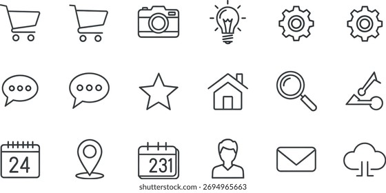 Conjunto de iconos web de arte lineal simple que incluye cámara de Carrito de compras, bombilla, Configuraciones, estrella de burbujas de discurso, lupa para el hogar, calendario de correo electrónico y nube para el Sitio web