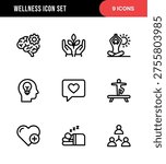 Simple Line Art Wellness Icon Set with Brain, Yoga, and Sleep Symbols
