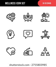 Simple Line Art Wellness Icon Set with Brain, Yoga, and Sleep Symbols