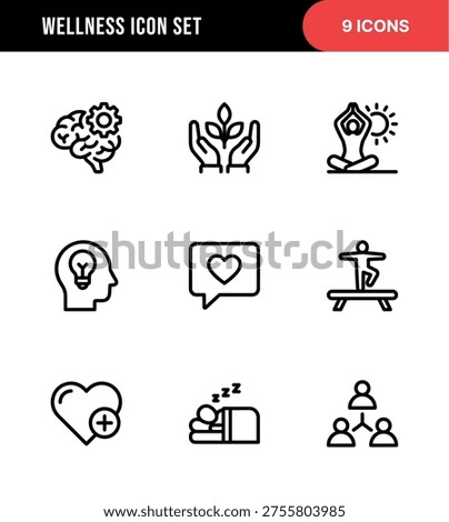 Simple Line Art Wellness Icon Set with Brain, Yoga, and Sleep Symbols