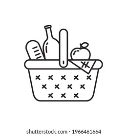 Simple line art of wicker basket with foods and drink vector illustration suitable for picnic icon isolated on white background 