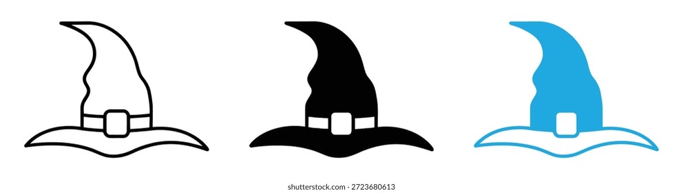 Sombrero de bruja de arte de línea simple con icono de disfraz de Halloween de hebilla. Colección del icono del sombrero de bruja, día de fiesta y halloween, icono del Vector del sombrero del mago, gráficos del Vector, signo editable del contorno del trazo.