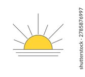Simple line art of a yellow sunset or sunrise over water waves. Clean geometric sun rays vector icon isolated on a white background.