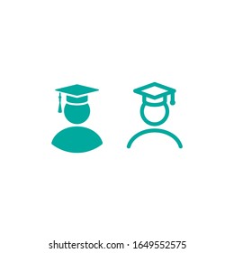 Simple line avatar.  human figure with mortar board cap on head.  flat icon on white background.  student, graduate, senior character. vector university education illustration. 