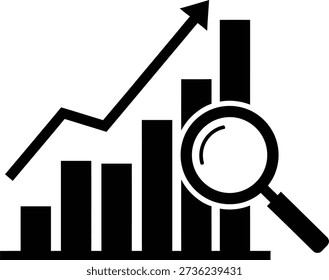 A simple line and bar graph with an upward trend and a magnifying glass