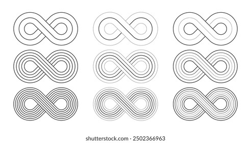 Simple line black infinity vector symbols with editable strokes. Contemporary mid-century geometric design elements for unlimited, endless, eternity, loop, discontinuation, and repetition concepts