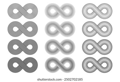 Simple line black infinity vector symbols with editable strokes. Contemporary mid-century geometric design elements for unlimited, endless, eternity, loop, discontinuation, and repetition concepts