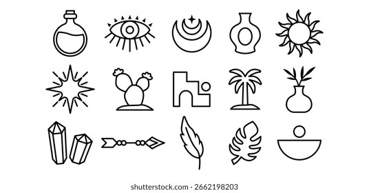 Línea simple Boho Icon Set con Sun Eye Moon y plantas exóticas, místico, mágico, esotérico, astrología, diseño de Vector de símbolo de cristal aislado sobre fondo blanco