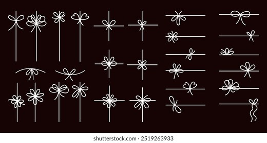 Simple line bow ribbon doodle set. Isolated white line on black background. Vector hand drawings bowknot on string, lines and corners decoration 