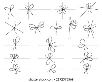 Simple line bows on ribbon. Bow on string set, lines and corners decoration design. Bowknot for package or letter, planner diary decent vector dividers