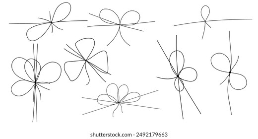 Simple line bows on ribbon. Bow on string set, lines and corners decoration design. Bowknot for package or letter, planner diary decent vector dividers