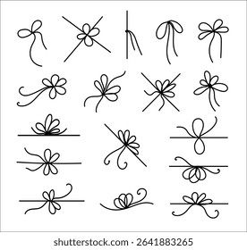 Simple line bows on ribbon. Present line bow on string set, Doodle gift box hand drawn bowknot decoration design. for package or letter