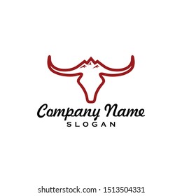 Simple Line Buffalo logo vector icon. bull fight bison with mountain on head face. Silhouette art classic modern look. For cool shirt cloth apparel graphic, game, smart phone app, brand. Quiet, calm