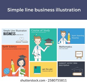 Simple line business illustration people statistics learning study research graduation admission mathematics globe pencil notebook problem solving learning learning theory mathematics