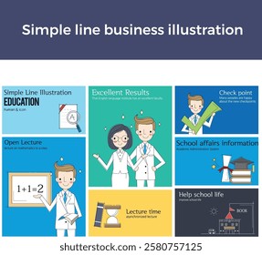 Simple line business illustration people man woman credit math theory problem solving school book graduation check time history teacher student class lecture