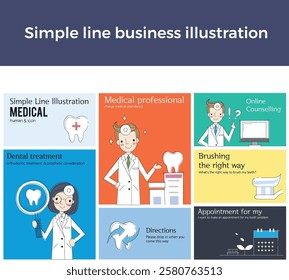 Simple line business illustration people man woman hospital doctor health care medicine pharmacist tooth movement dentist medical professional online consultation dental treatment prosthesis considera