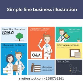 Simple line business illustration people man verdict court judgment woman businessman court questions and answers law trial judge prosecutor lawyer lawsuit civil criminal courtroom evidence defendant 