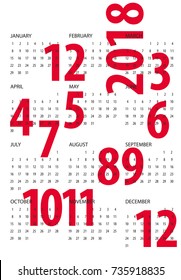 Simple line Calendar template for 2018 on White Background. Week starts from Sunday. Red font.