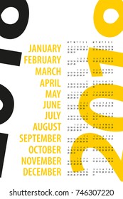 Simple line Calendar template for 2018 on White Background. Week starts from Sunday. Yellow font.
